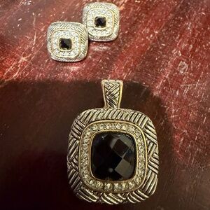 Vintage Two-Tone & Onyx Pendant & Earring Set